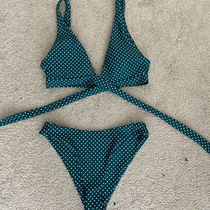 Forest green & white polka dot bikini. Worn once